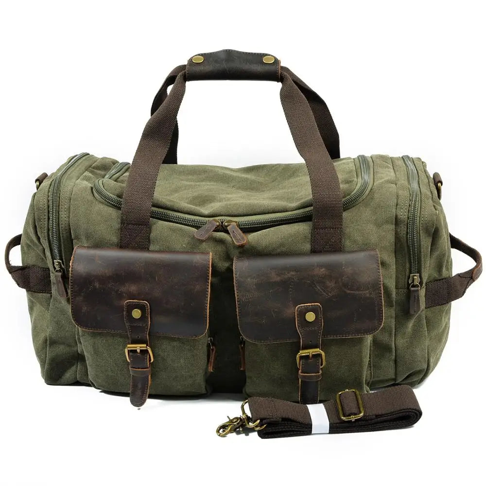 Vintage Canvas & Leather Weekend Duffle Bag. Army Green