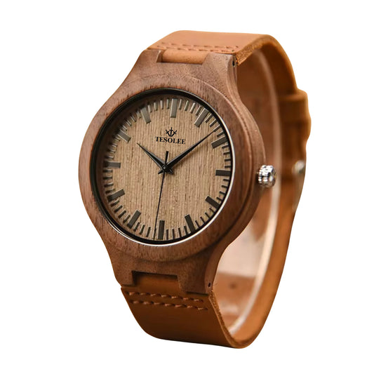 Tesolee Wooden Watch With Real Leather Strap.