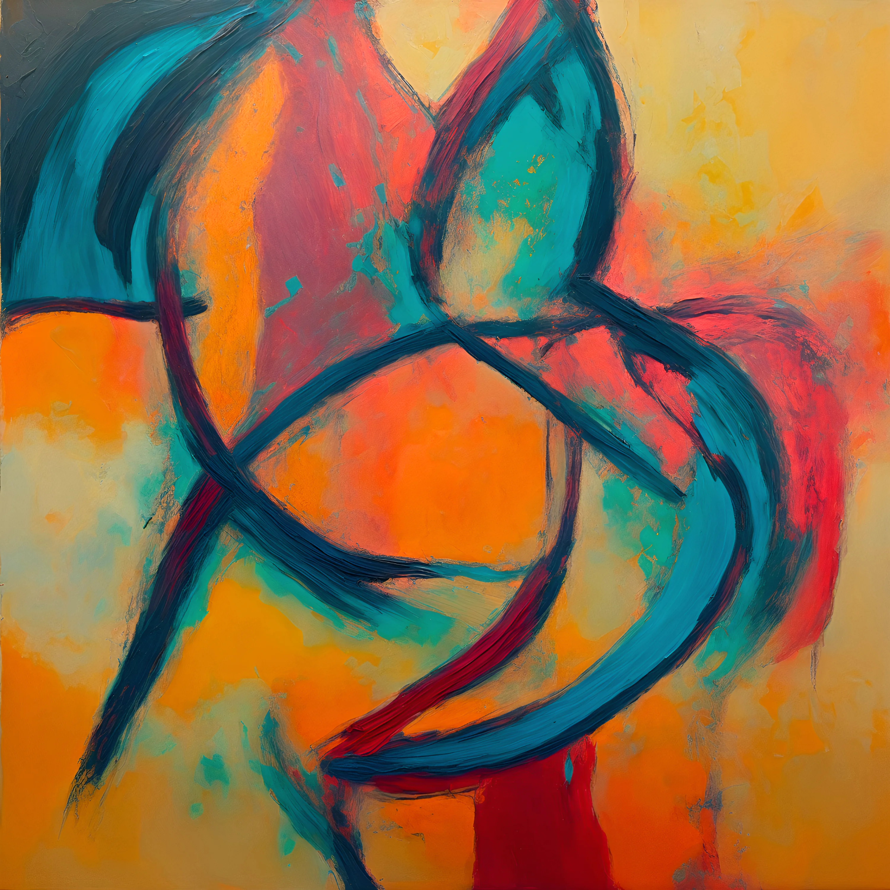 A Beautiful Entanglement by TESOLEE, abstract art with intertwined turquoise and deep blue forms against orange, coral and golden yellow