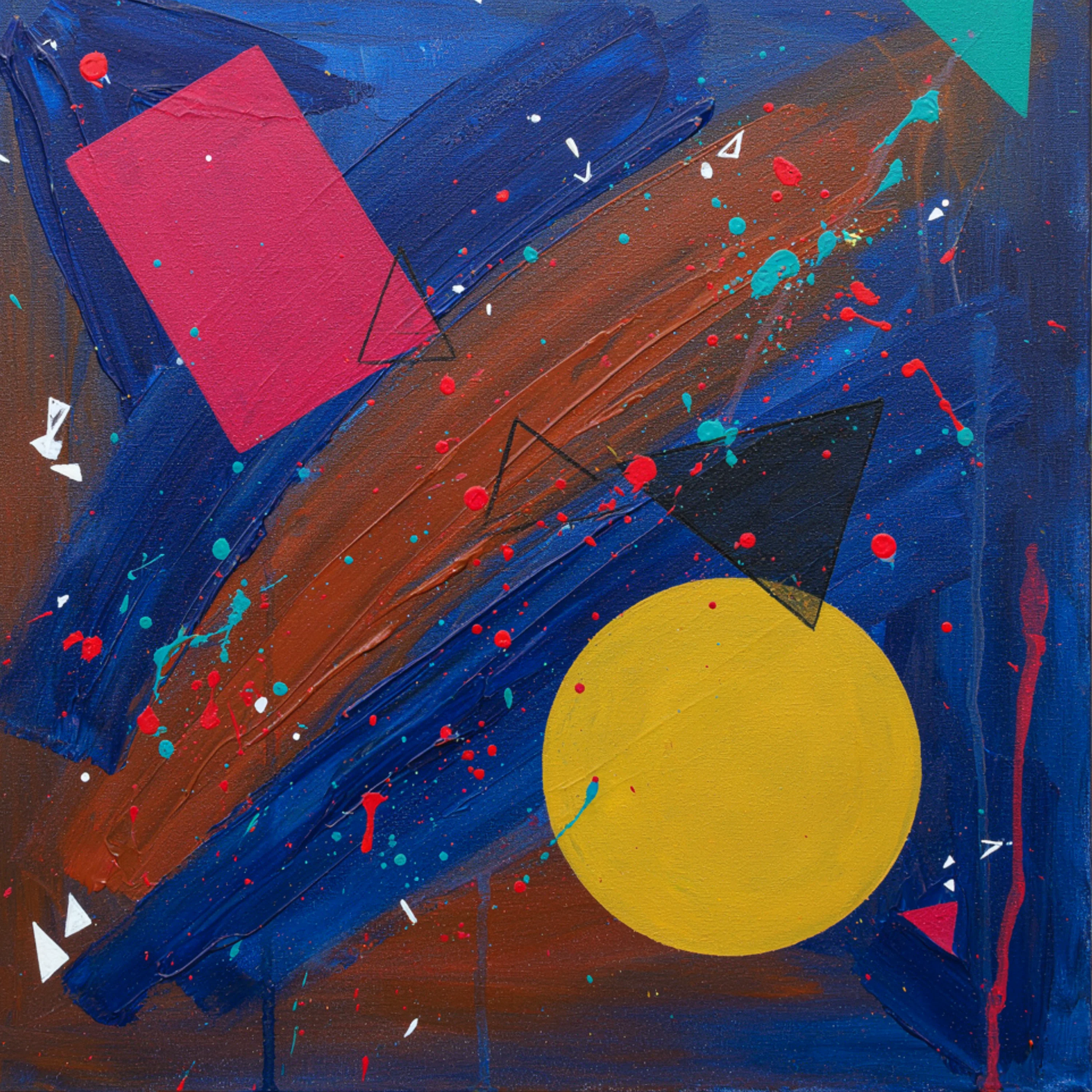 Bold wall art idea: A Minor Collision by TESOLEE with a yellow circle and pink and black shapes on textured midnight blue