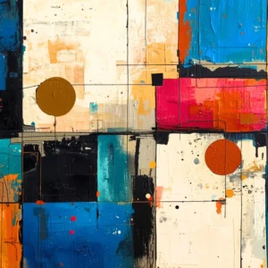 Almost in Order by TESOLEE, featuring textured blue, orange, cream and pink geometric blocks, intersecting black lines and circles.