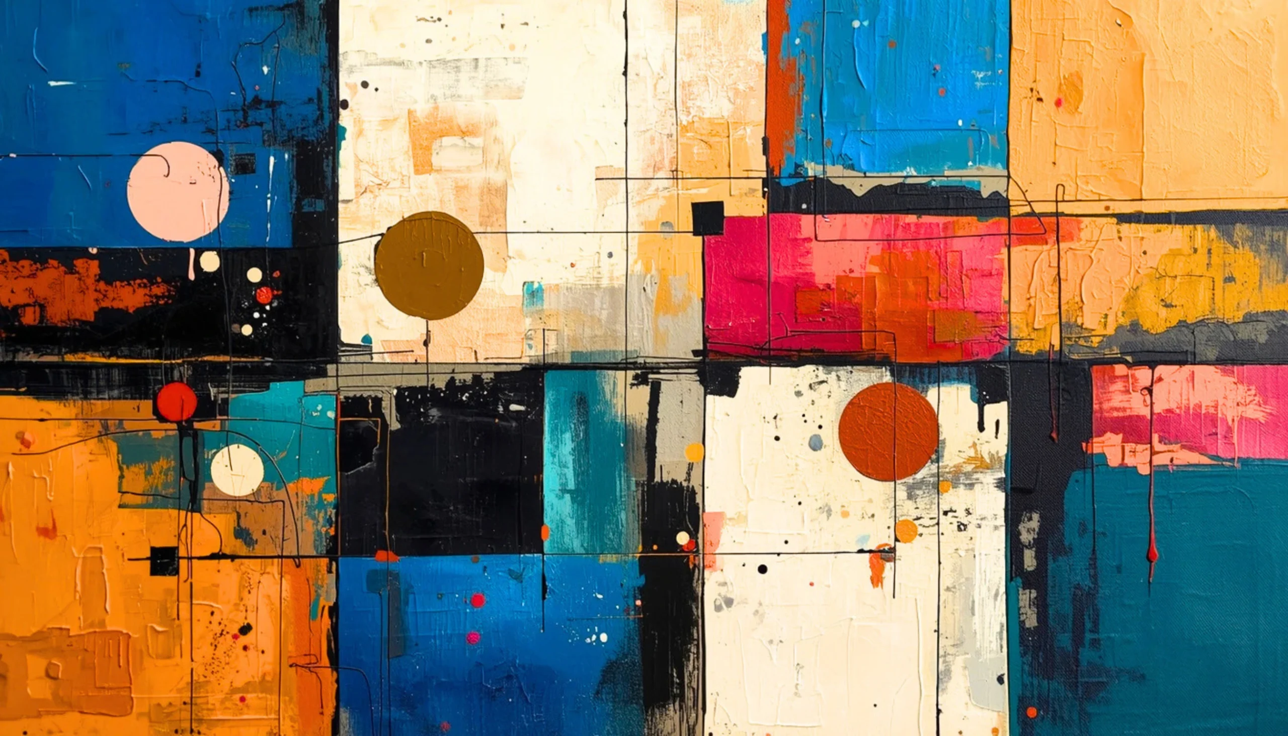 Almost in Order by TESOLEE, featuring textured blue, orange, cream and pink geometric blocks, intersecting black lines and circles.