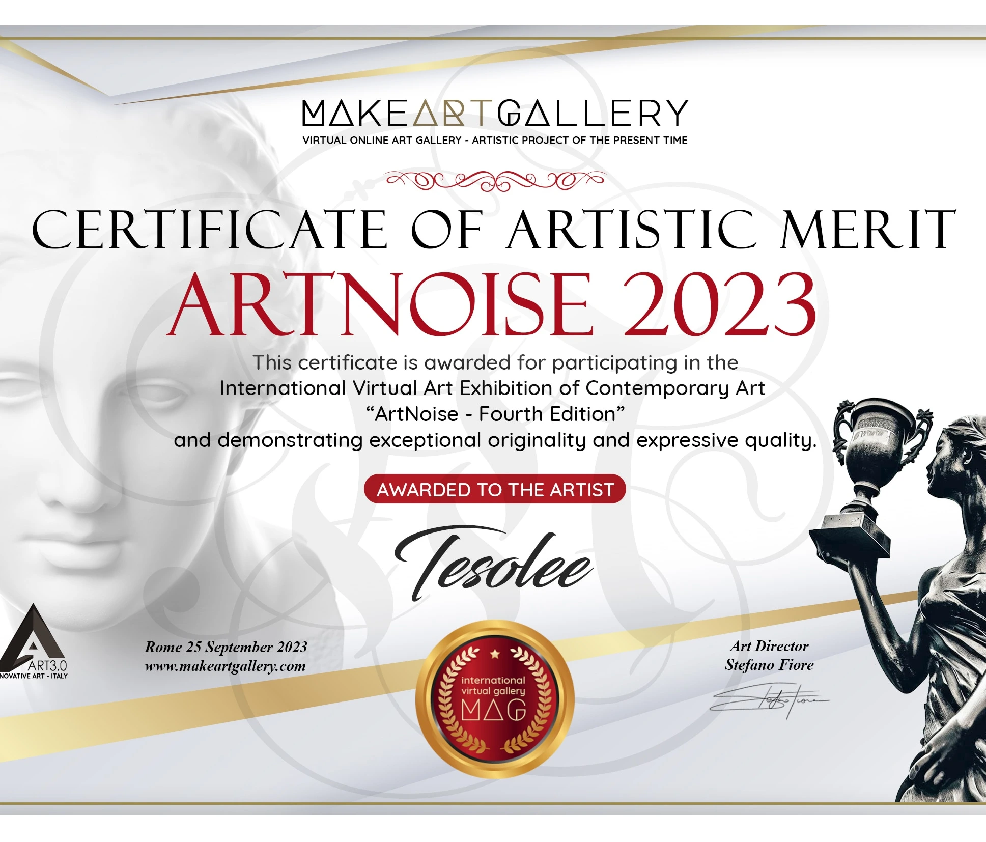 TESOLEE Certificate of Artistic Merit for participation in the ArtNoise Fourth Edition international virtual art exhibition, September 2023.