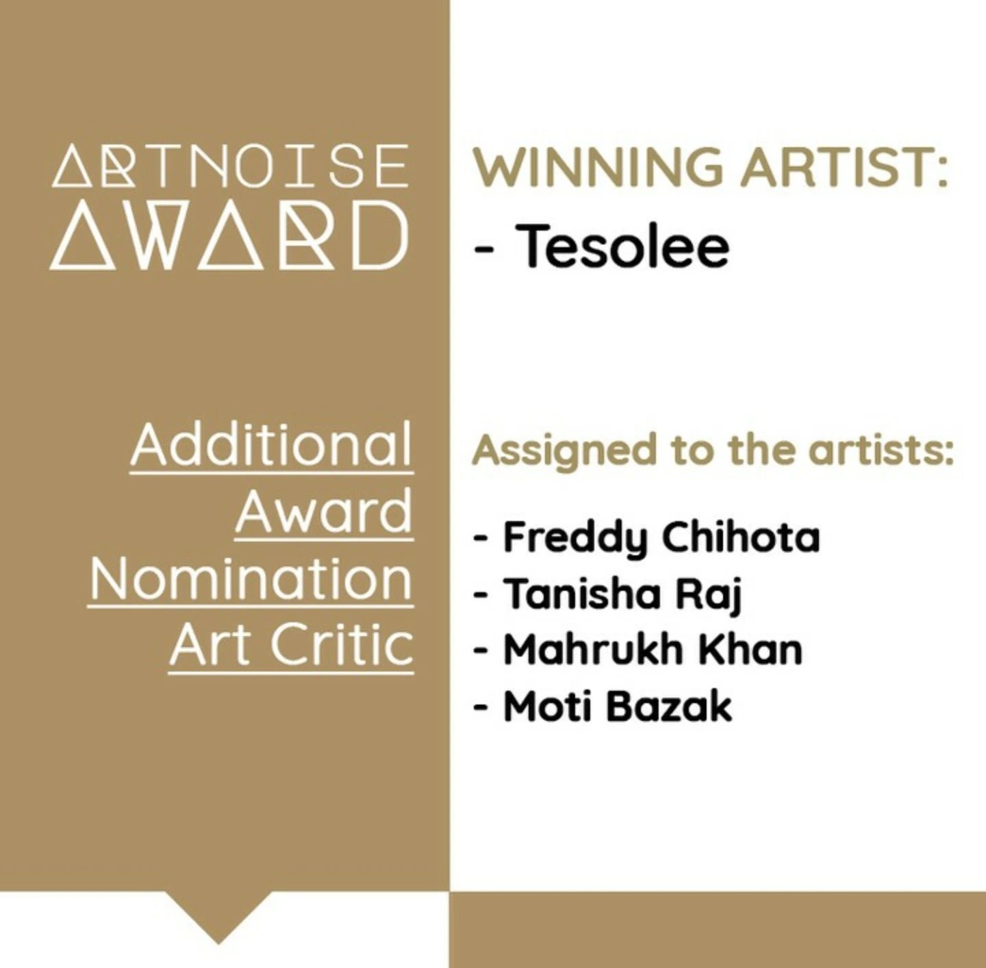 ArtNoise Award announcement naming TESOLEE as the winning artist.