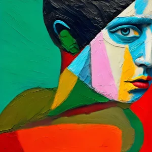 En Vogue abstract portrait by TESOLEE featuring an expressive face, emerald green background and bold geometric colours.