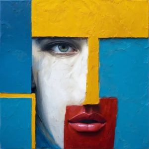 Millennial Viking abstract portrait by TESOLEE featuring one green eye, red lips and bold blue and yellow geometric forms.