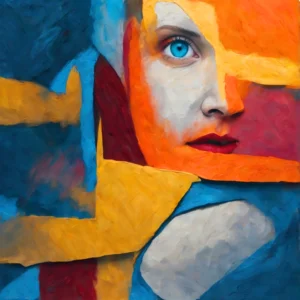 Objective abstract portrait art by TESOLEE, featuring a vivid blue eye, fragmented facial features and expressive geometric colour.