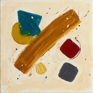 Plating Study 01 colorful abstract art by TESOLEE, featuring sweeping ochre brushwork with teal, crimson and charcoal geometric forms.