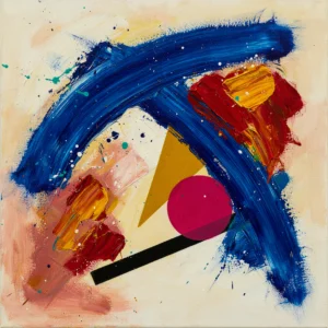 Plating Study 04 colorful abstract art by TESOLEE, featuring sweeping cobalt-blue brushstrokes, a magenta circle and contrasting geometric forms.