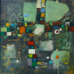 Small Acts of Disorder geometric abstract art by TESOLEE, featuring layered greens, charcoal and colourful rectangular and circular forms.