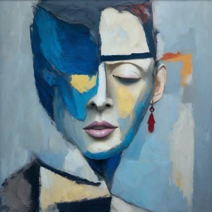 Still Got It contemporary figurative art by TESOLEE, featuring a serene female portrait with closed eyes, cobalt blue abstraction and a red earring.