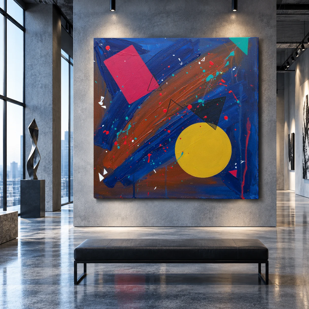 A Minor Collision by TESOLEE displayed unframed in an industrial contemporary gallery with cool grey concrete walls and polished floors.