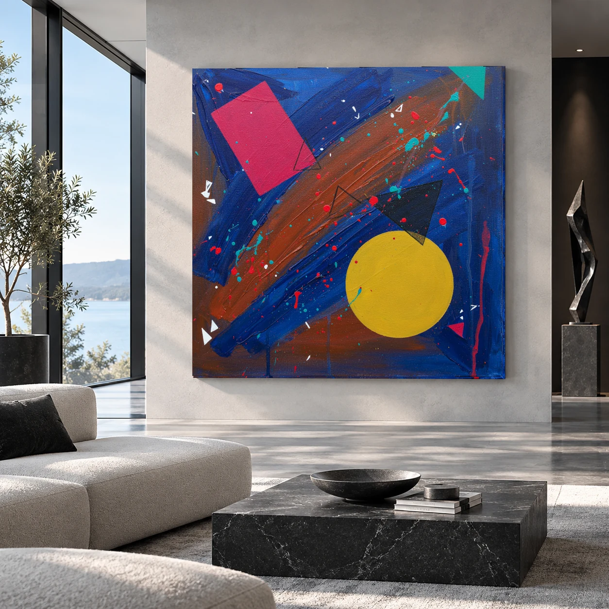 A Minor Collision by TESOLEE displayed unframed in a minimalist contemporary residence with grey walls, white seating and black marble furniture.