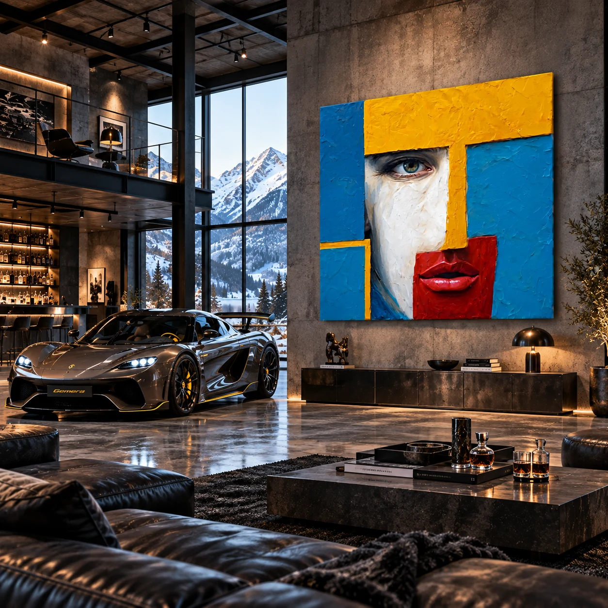 Millennial Viking abstract portrait by TESOLEE displayed unframed in a luxury industrial warehouse loft featuring a Koenigsegg Gemera and panoramic snowy mountain views.