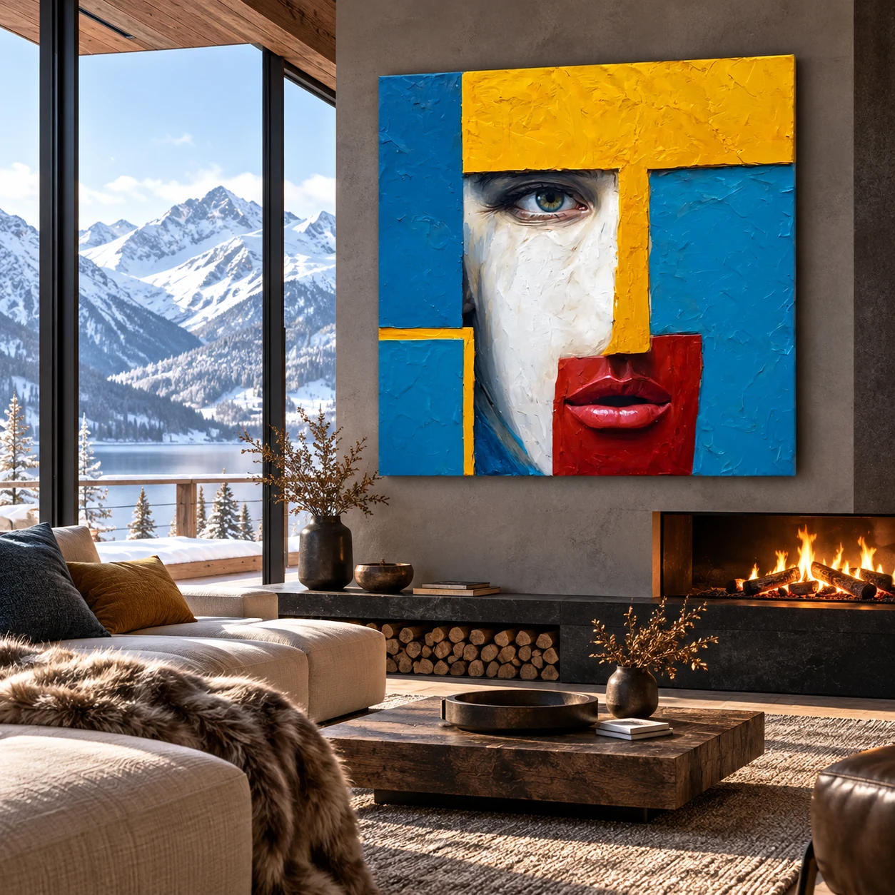Millennial Viking abstract portrait by TESOLEE displayed unframed in a Scandinavian mountain lodge with snowy mountain views and a glowing log fireplace.