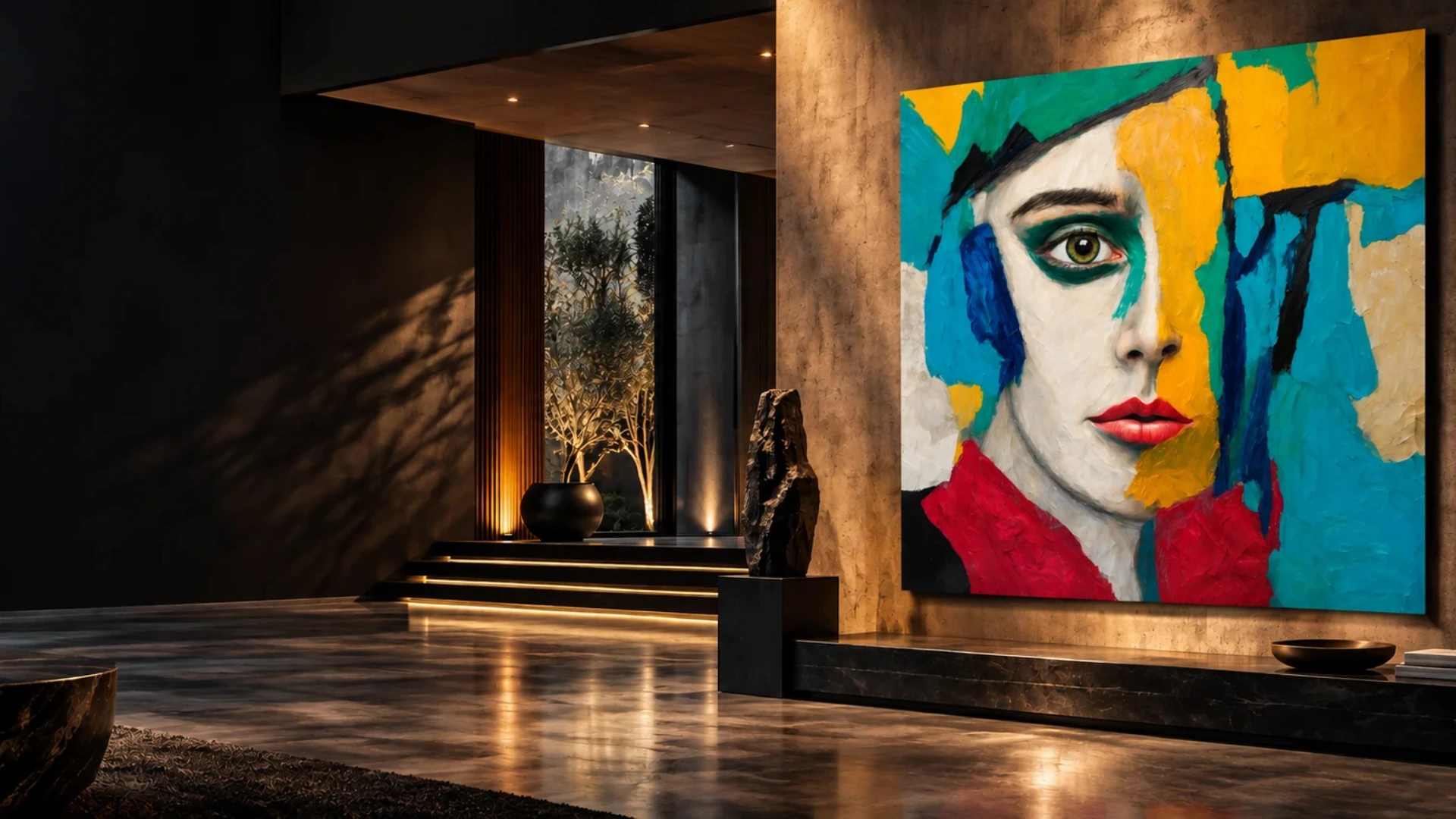 Modern abstract artwork by TESOLEE displayed in a contemporary interior featuring a distinctive abstract portrait.