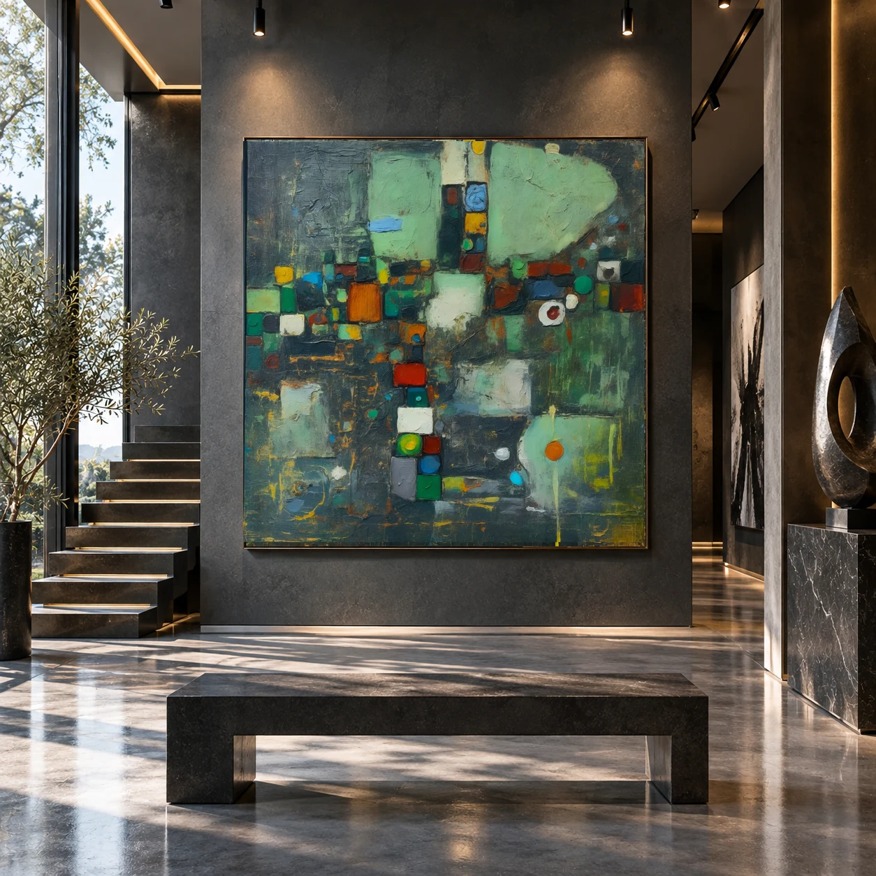 Small Acts of Disorder by TESOLEE displayed unframed in a contemporary gallery foyer with graphite walls, architectural staircase and polished stone flooring.