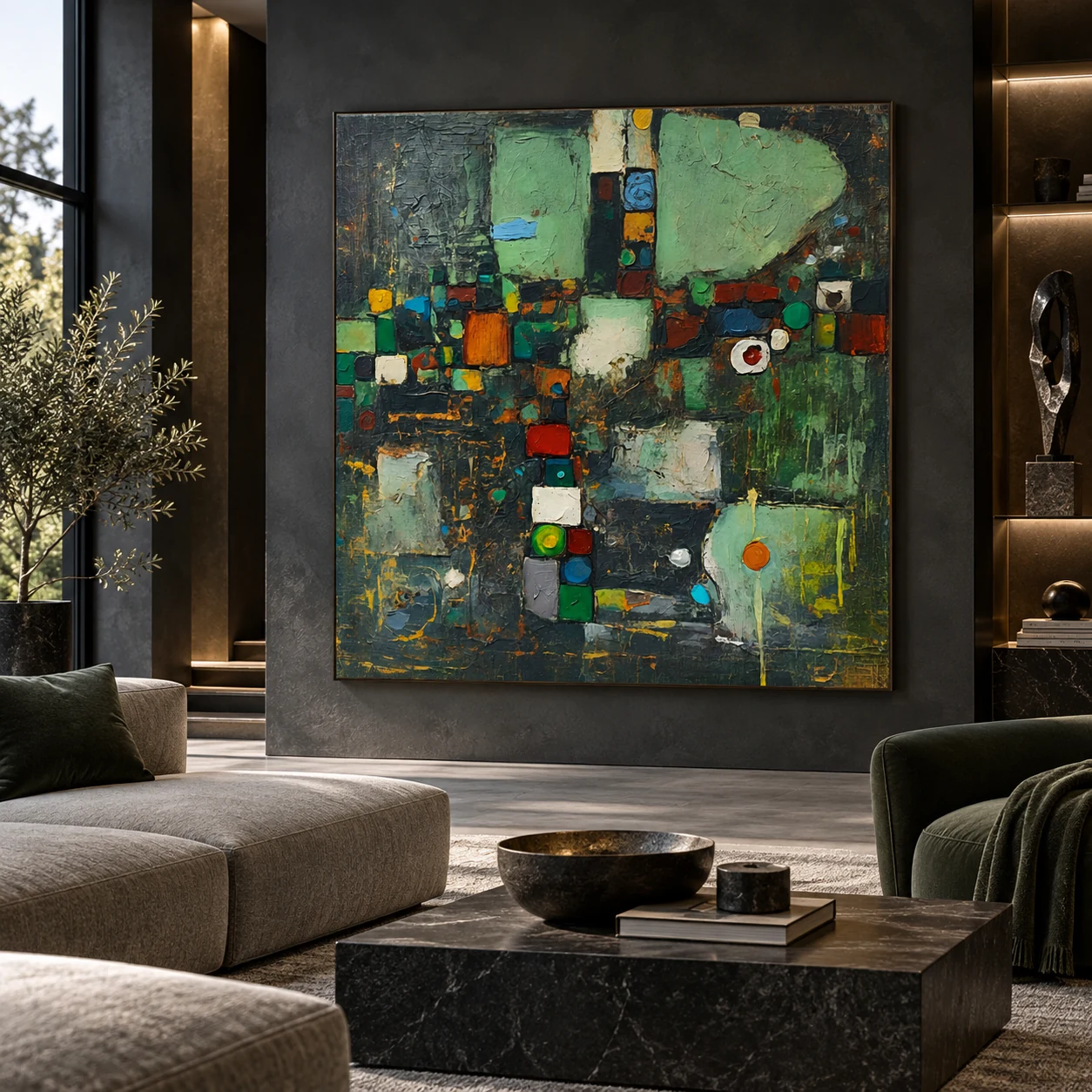Small Acts of Disorder by TESOLEE displayed in a luxury contemporary lounge with graphite walls, olive seating and bronze accents