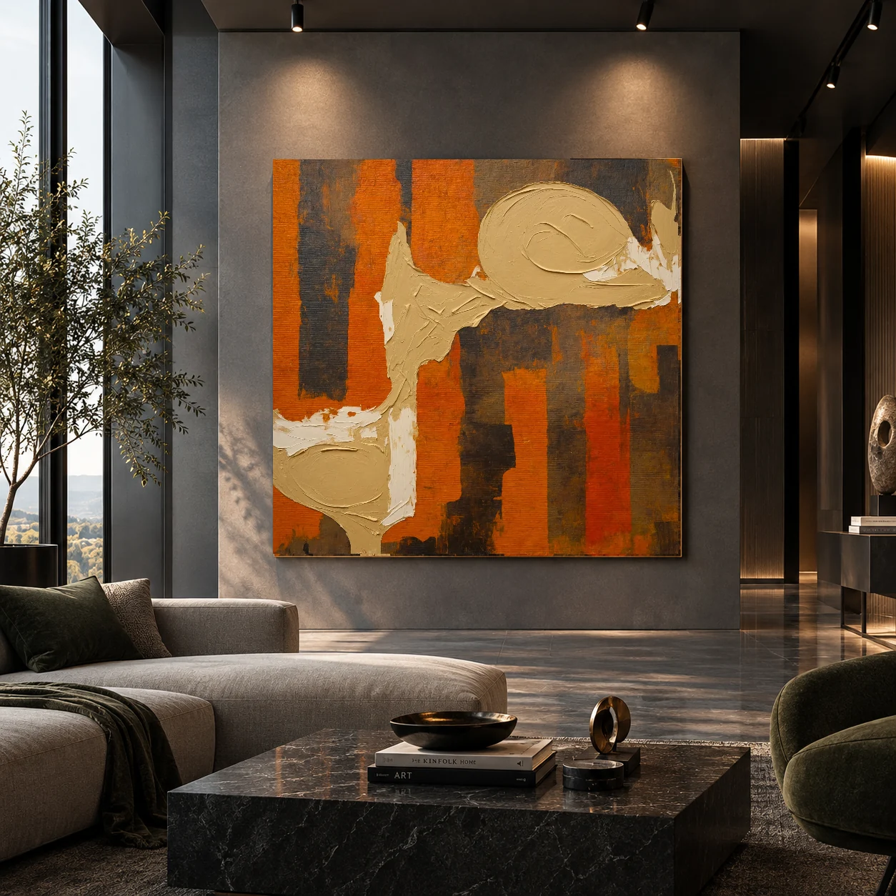The Persistence of Form by TESOLEE displayed unframed in a contemporary collector's lounge with charcoal walls and sculptural seating.