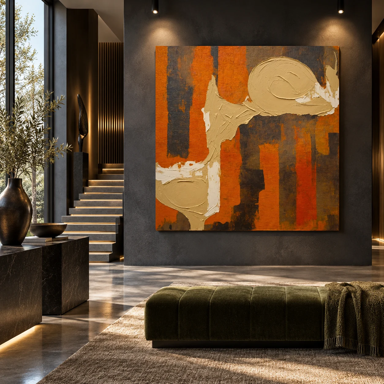 The Persistence of Form by TESOLEE displayed unframed in a graphite gallery foyer with an olive bench and architectural lighting.