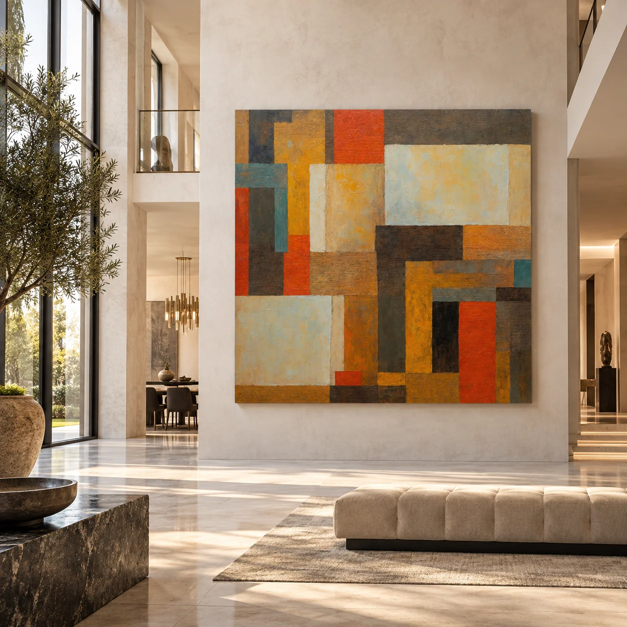 The Space Between Things by TESOLEE displayed unframed on a light cream wall in a spacious contemporary mansion foyer.