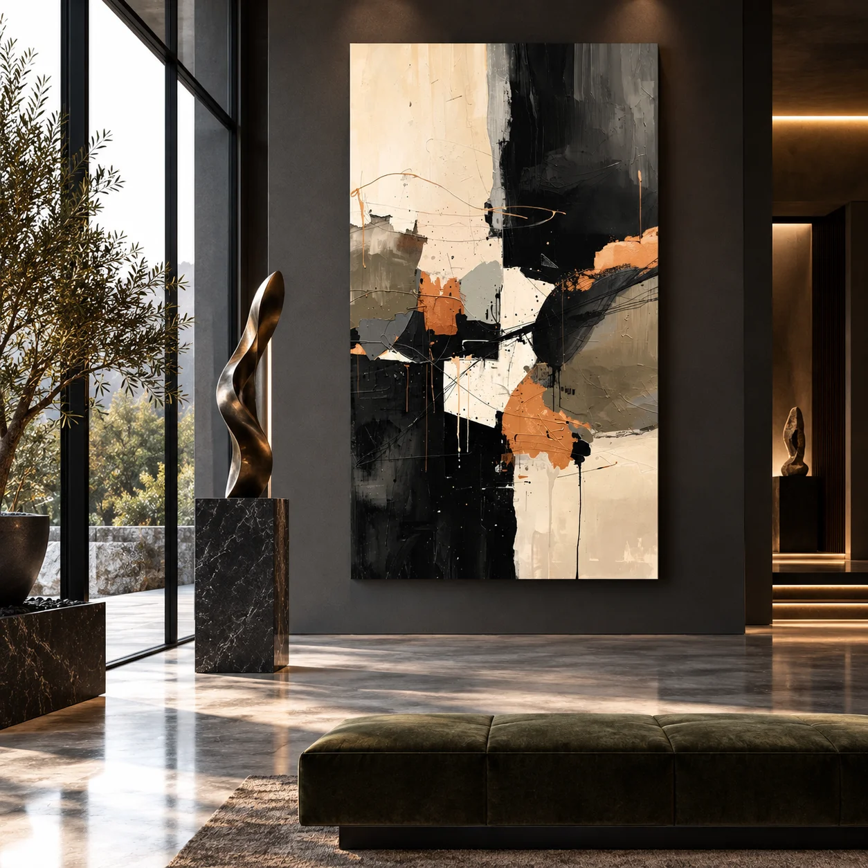 The Unfinished Argument by TESOLEE displayed vertically and unframed in a contemporary gallery foyer with graphite walls, stone flooring and an olive bench.