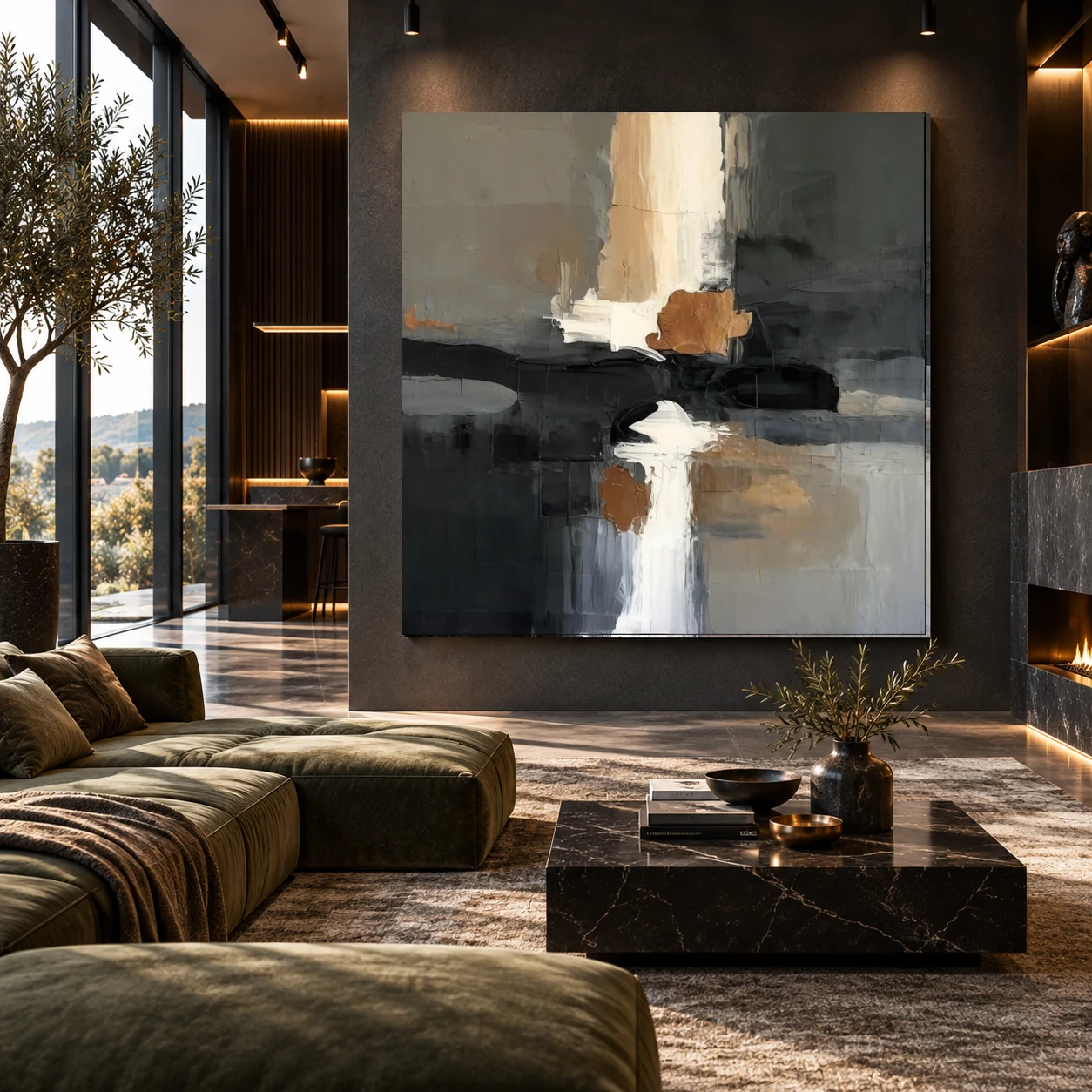 What Remains Unsaid by TESOLEE displayed unframed in a luxury contemporary lounge with graphite walls, olive velvet seating and black marble.