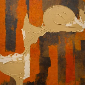 The Persistence of Form organic abstract art by TESOLEE, featuring sweeping cream shapes against burnt-orange, rust and charcoal geometric forms.