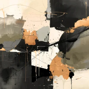 The Unfinished Argument expressive abstract art by TESOLEE, with contrasting black, charcoal, cream and ochre forms crossed by gestural lines.