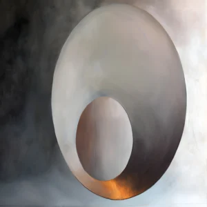 The Weight of Nothing neutral abstract wall art by TESOLEE, featuring a monumental oval form in charcoal, ivory and muted metallic tones.