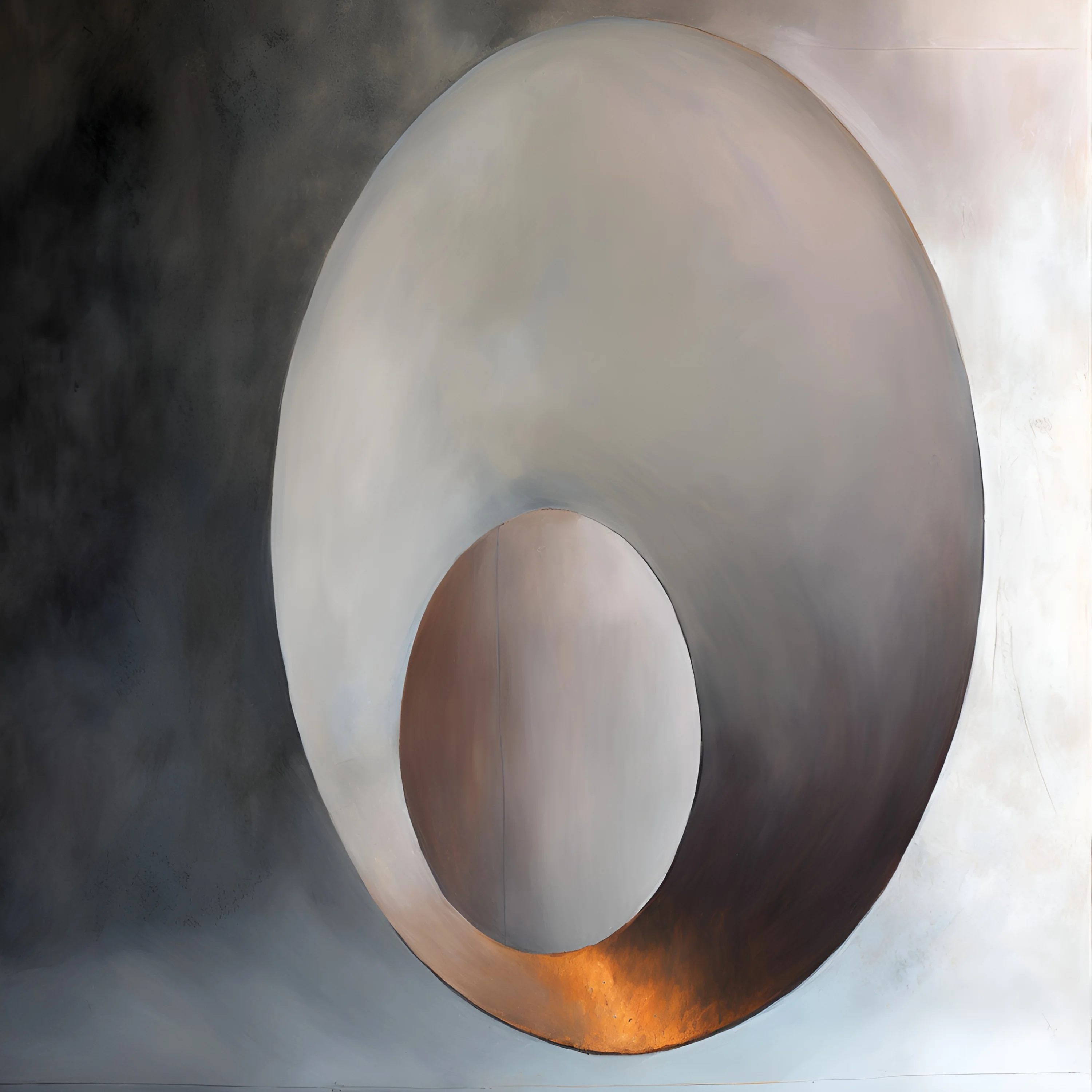 The Weight of Nothing neutral abstract wall art by TESOLEE with a monumental oval form in charcoal, ivory and muted metallic tones