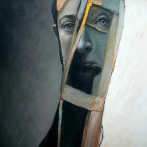 Unseen Service abstract figurative art by TESOLEE, depicting a partially obscured veteran’s face in charcoal, ivory and muted gold.