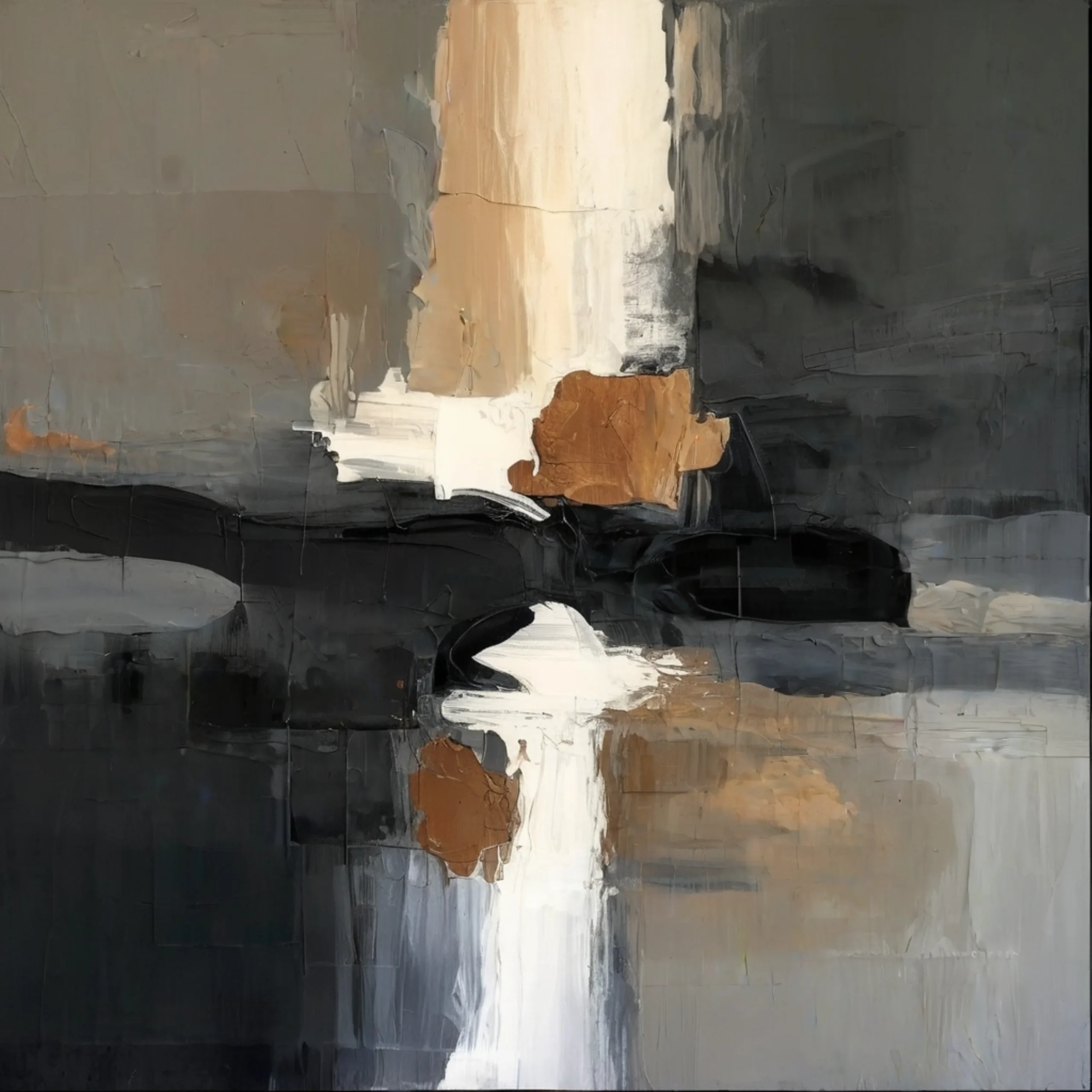 What Remains Unsaid minimalist abstract art by TESOLEE, featuring broad charcoal, ivory and warm stone forms with subtle bronze accents.